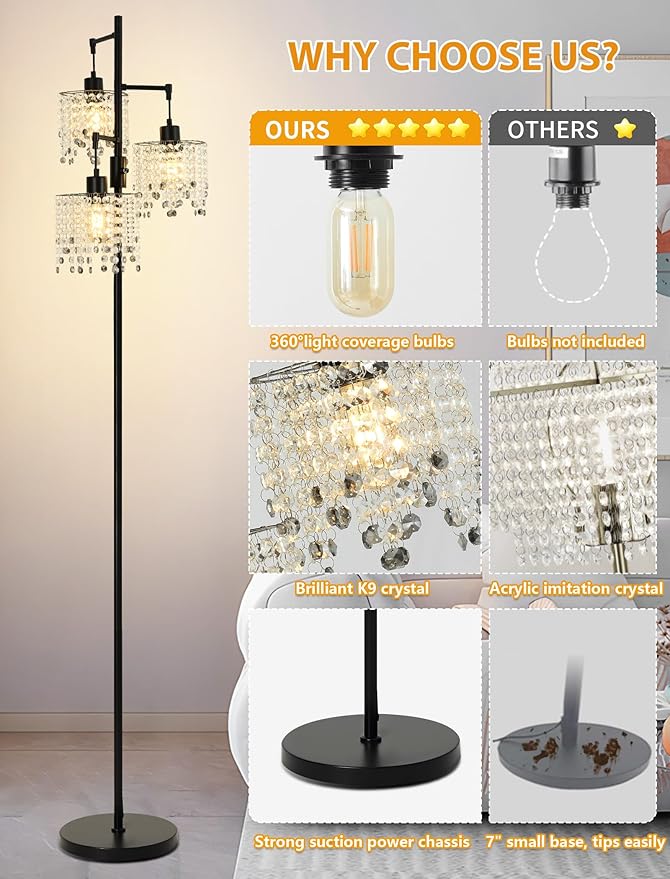 64" Crystal Floor Lamp with 3 Lights, Elegant Crystal Floor Lamp, Modern Standing Lamp, Gold Metal Base, K9 Crystal Beads with Grey Accentsfor Living Room, Bedroom, Office