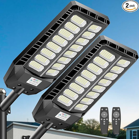 Deepn Solar Street Light, 8000W Commercial Grade Street Lights, Waterproof Solar Parking Lot Lights Dusk to Dawn Outdoor Lighting LED Security Flood Motion Sensor and Remote Control, 2 Pack