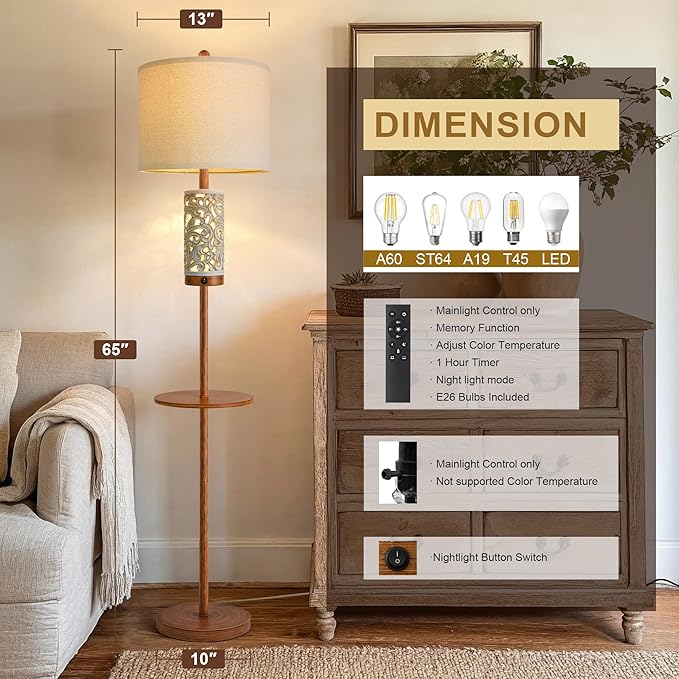 OYEARS Dimmable Farmhouse Floor Lamp for Living Room, 2-in-1 Rustic Floor Lamp with Main&Night Light,Linen Shade&Dual Switches, 65" Standing Lamp for Bedroom Office Corner Dining Room, Wood Pole Lamp
