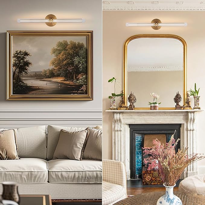 YUYI Crystal Picture Light for Wall, 24" Gold Linear Picture Light Hardwired, Modern K9 Crystal Dimmable Painting Lights for Wall Art, Mirror, Paintings, Picture Frame