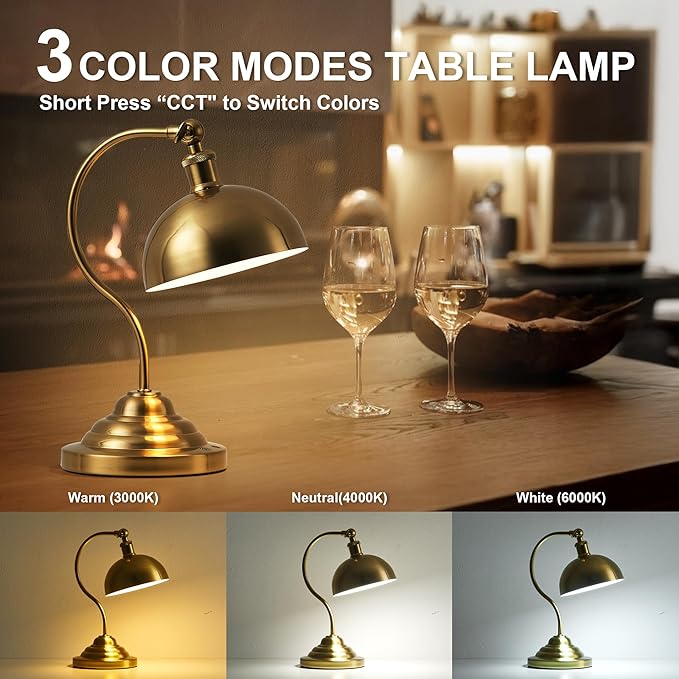 Cordless LED Table Lamp, 180° Swing Arm Desk Lamp, Rechargeable, Dimmable/3 Color/Memory Function, Vintage Rechargeable Table Light for Living Room,Bedroom,Bedside, Brass - Aura Lighting
