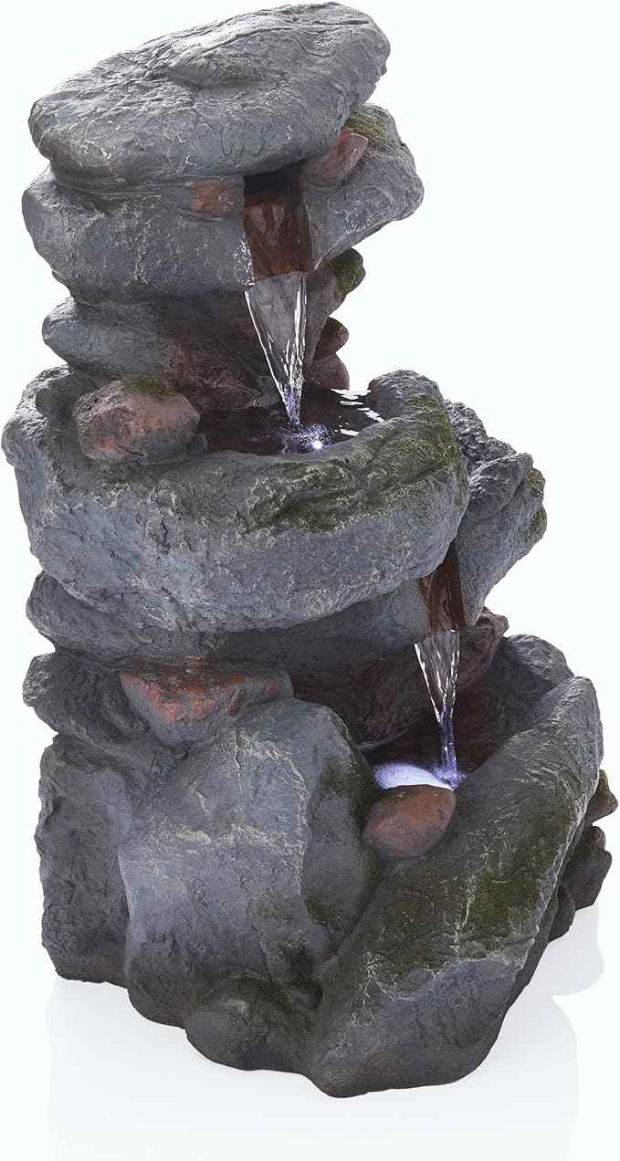 Alpine Corporation 22" Tall 3-Tier Outdoor Rock Waterfall Fountain with LED Lights, Natural Stone Look for Garden, Patio, Yard & Porch Decor, Gray