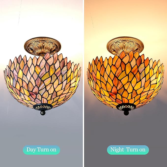 Wisteria Style Tiffany Ceiling Light Fixture Stained Glass Semi Flush Mount Lamp Wide 12 Inch Height 11 Inch Vintage Inspired Lighting Statement for Bedroom Hallway Entryway (Green)