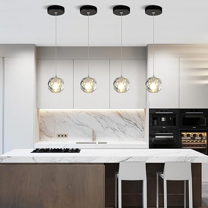 1-Light Black Pendant Light Fixture, Multi-facted Small Crystal Pendant Kitchen Island Light, Adjustable Hanging Pendant Lighting for Dining Room Bathroom Vanity