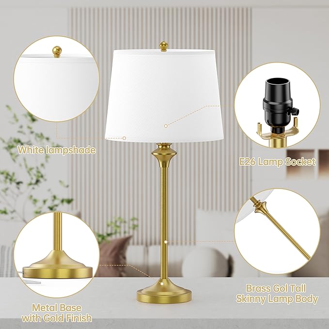 Maxax Brass Gold Table Lamps Set of 2 for Living Room, 26" Modern Buffet Lamps Gold Bedside Nightstand Lamps,Tall End Side Table Lamp with White Shade for Bedroom,Office