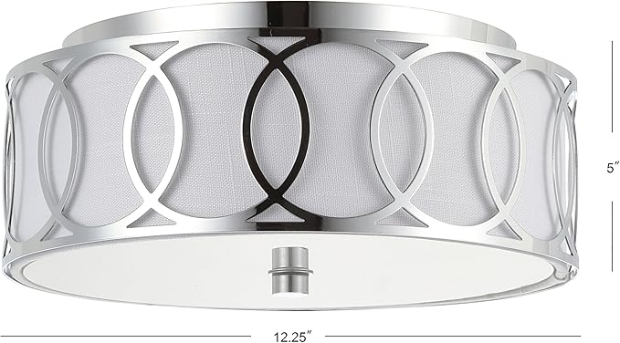 JONATHAN Y 12.25" Chrome Modern Metal LED Flush Mount Ceiling Light for Bedroom Hallway, White Linen Drum Shade with Geometric Fretwork, LED Bulbs Included (JYL3502B)