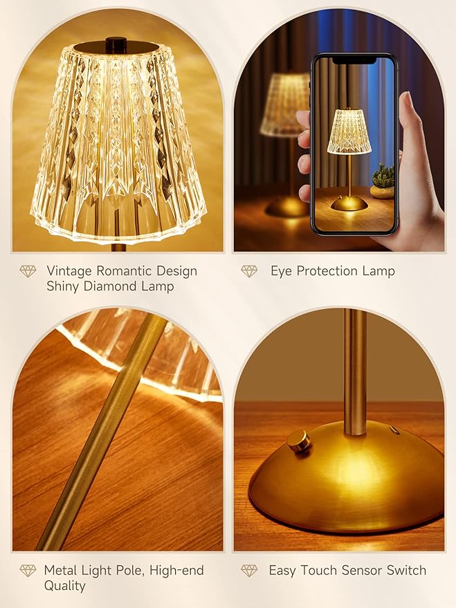 【3200mAh】Brass Table Lamp, 3 Colors+Dimmable+Touch Crystal Lamp LED Gold Lamp, Mood Lighting Mood Light, Brass Decor for Bedroom/Bathroom/Kitchen/Dinner/Bar/Entryway/Buffet, Traditional Home Decor