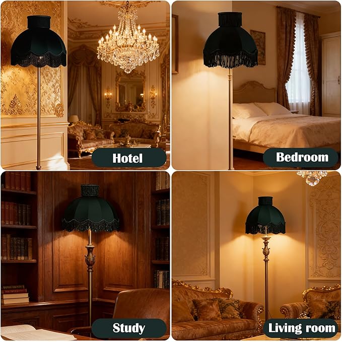 Caramel-colored velvet fringe lampshade 7.8" Top x 17.7" Bottom x 13.4" High x 15 Slant"- Large Dome with Scalloped Edge & Fringe Tassels, for Table/Floor Lamps (1, Dark green, Large)