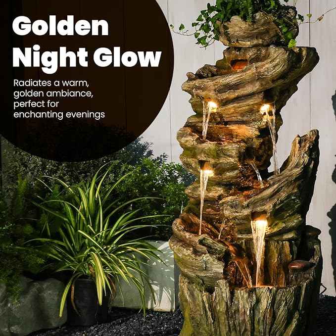 55" H Outdoor Water Fountain 7-Tiers Large Cascading Imitative Wood Natural Waterfall Outdoor Fountains Resin Floor Standing Foutain with LED Lights for Garden, Patio, Porch