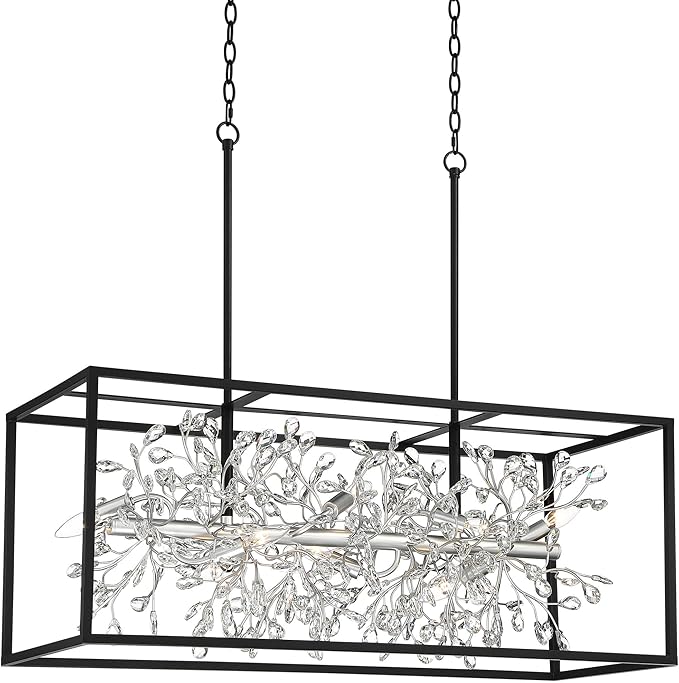 Possini Euro Design Carrine Black Silver Metal Rectangle Linear Pendant Chandelier 38 1/2" Wide Modern Clear Crystal Flower Vine 8-Light Fixture for Kitchen Island Dining Room House High Ceilings - Aura Lighting
