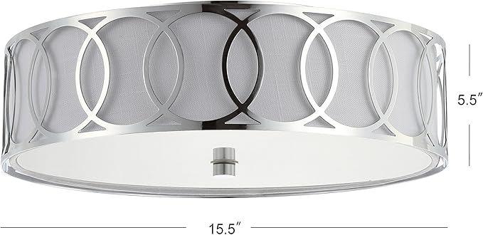 JONATHAN Y 12.25" Chrome Modern Metal LED Flush Mount Ceiling Light for Bedroom Hallway, White Linen Drum Shade with Geometric Fretwork, LED Bulbs Included (JYL3503B)