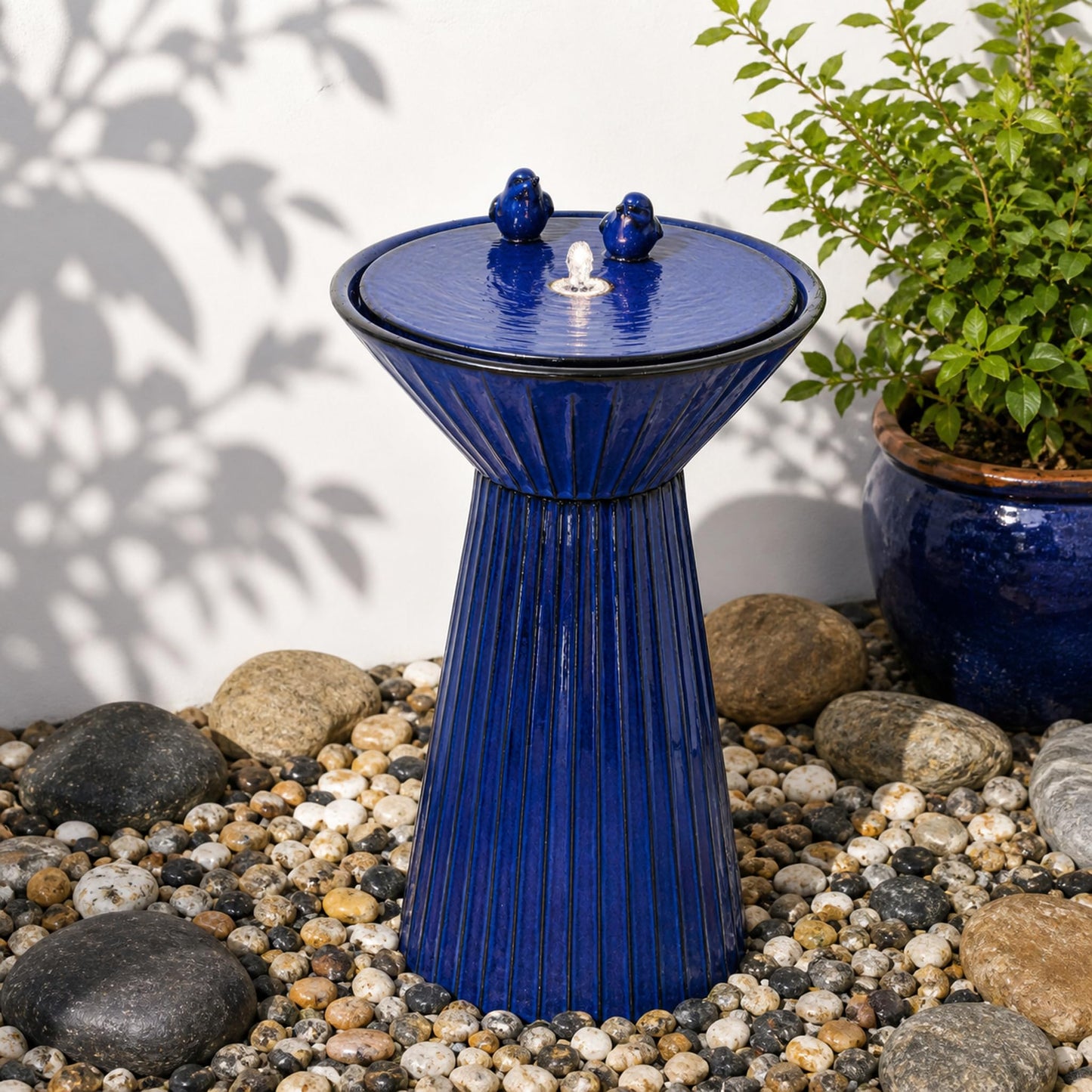 Autodaya 28" Ceramic Outdoor Water Fountain LED Birdbath