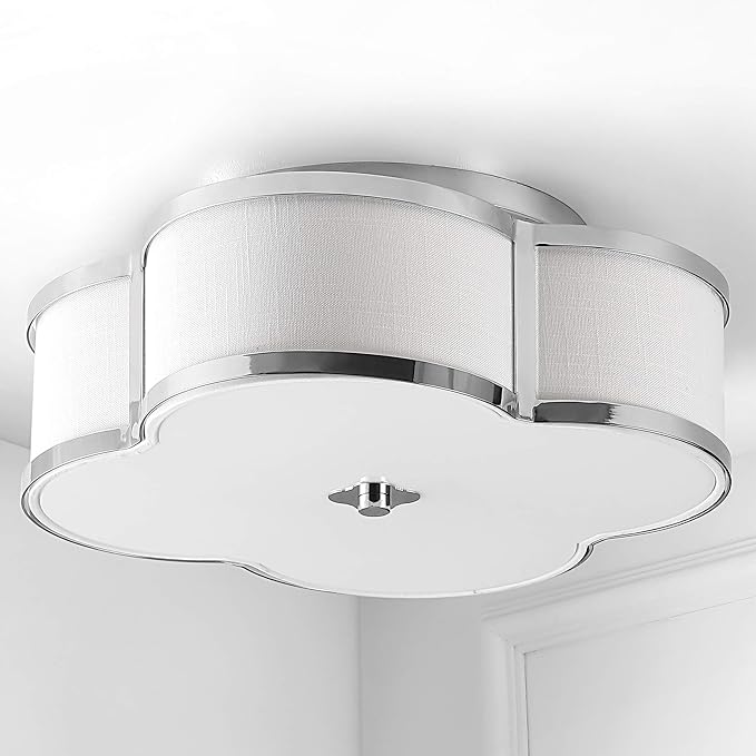 JONATHAN Y 13" Chrome Modern Scalloped LED Flush Mount Ceiling Light Fixture, White Linen Shade Quatrefoil Chandelier for Bedroom Living Room Kitchen Hallway Foyer (JYL9508A)