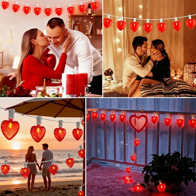 20Ft Valentine's Day Lights Outdoor with Glittering 3D Red Heart Shaped Lights, 22 Dimmable LED Bulbs(2 Spare) Waterproof for Indoor and Outdoor Wedding Anniversary Party Valentine's Day Decorations
