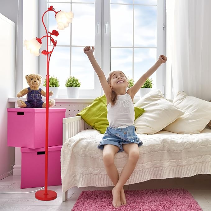 HMVPL Red Floor Lamp for Living Room, Flower Standing Lamp with 2 LED 5W Blubs, Foot Switch, Floral Tall Lamp with Acrylic Shade, Antique Lotus Flower Floor Lamp for Living Room Office Reading - Aura Lighting