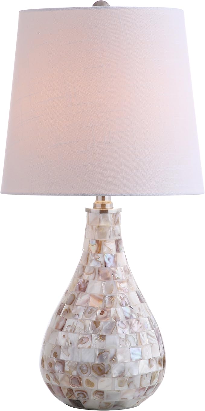 JONATHAN Y JYL1024A 20.5" Coastal Seashell Mosaic Table Lamp for Living Room, Bedroom, Bedside Nightstand Lamp with White Linen Drum Shade, Cottage Beach House Accent Lamp, LED Bulb Included