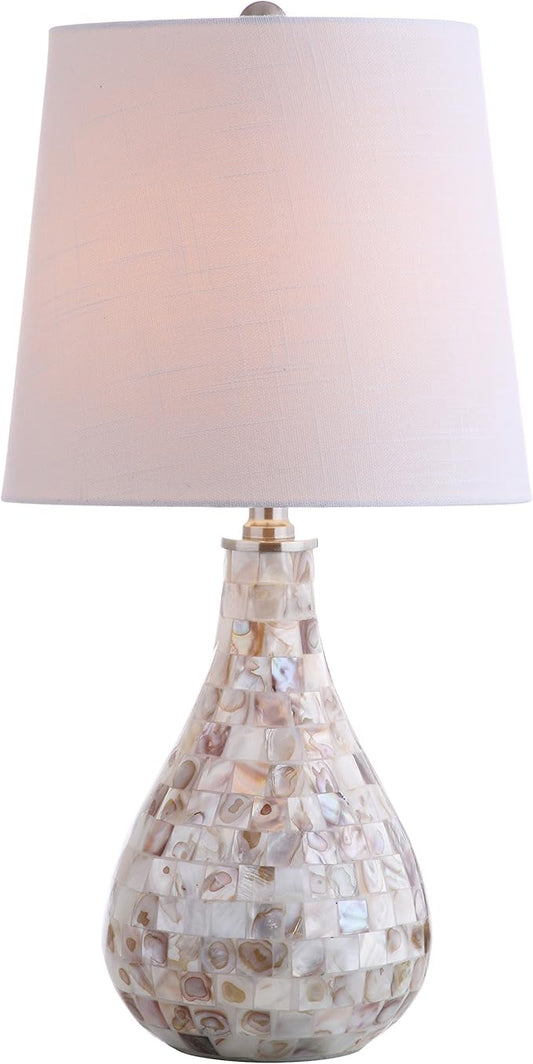 JONATHAN Y JYL1024A 20.5" Coastal Seashell Mosaic Table Lamp for Living Room, Bedroom, Bedside Nightstand Lamp with White Linen Drum Shade, Cottage Beach House Accent Lamp, LED Bulb Included