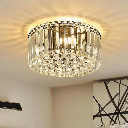 12.6" Black K9 Crystal Raindrop Flush Mount Ceiling Light, Modern Chandelier, Round Luxury Light Fixture for Dining Room, Bedroom, Hallway, Kitchen Island & Living Room - Aura Lighting