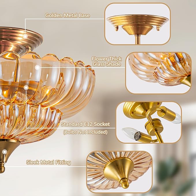 FTL Semi Flush Mount Ceiling Light Fixture, Gold Vintage Scalloped Amber Glass Chandelier, 2-Light Close to Ceiling Light Fixtures for Bedroom Kitchen Foyer Entryway Hallway
