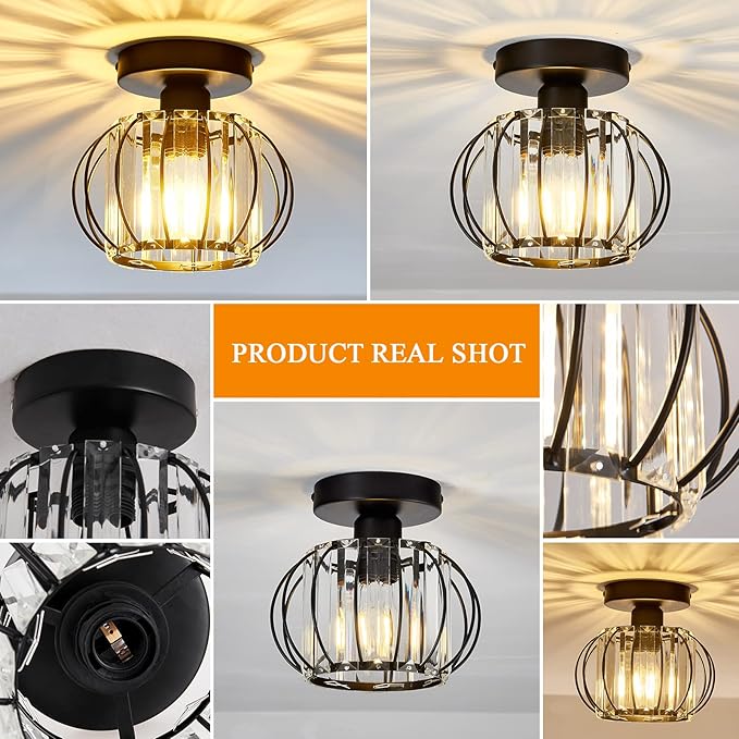 YYJLX 2 Pack Semi Flush Mount Ceiling Light Fixture Modern Small Crystal Chandelier Mini Indoor Ceiling Lamp for Bathroom Hallway Foyer Porch Hall Closet（Black）