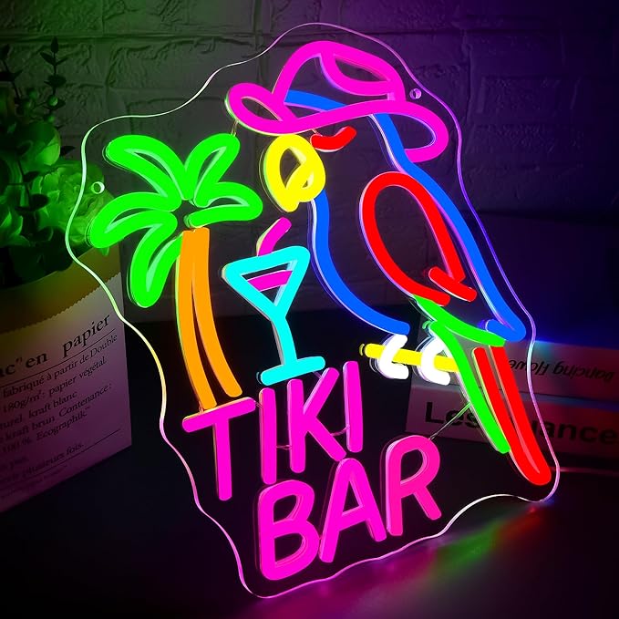 Tiki Bar Neon Sign for Wall Decor Dimmable Parrot Cocktail Neon Light for Man Cave Hawaii Beach Sign for Pub Home Bar Beer Shop Beach Party Bedroom Christmas Birthday Gift Size 12.9 * 11.1In (WZCP193)