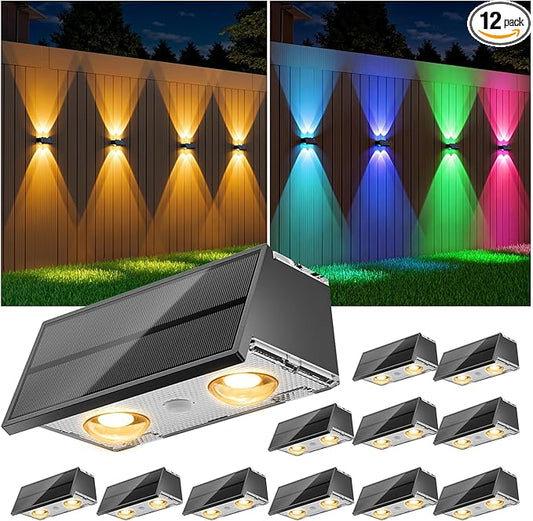 NIORSUN Solar Fence Lights,12 Pack Deck Light,Led Outdoor Lights 3000K/4500K/6000K+ RGB Up & Down Wall Lights Waterproof,Solar Powered Light for Backyard/Pool/Railing/Patio/Porch/Step