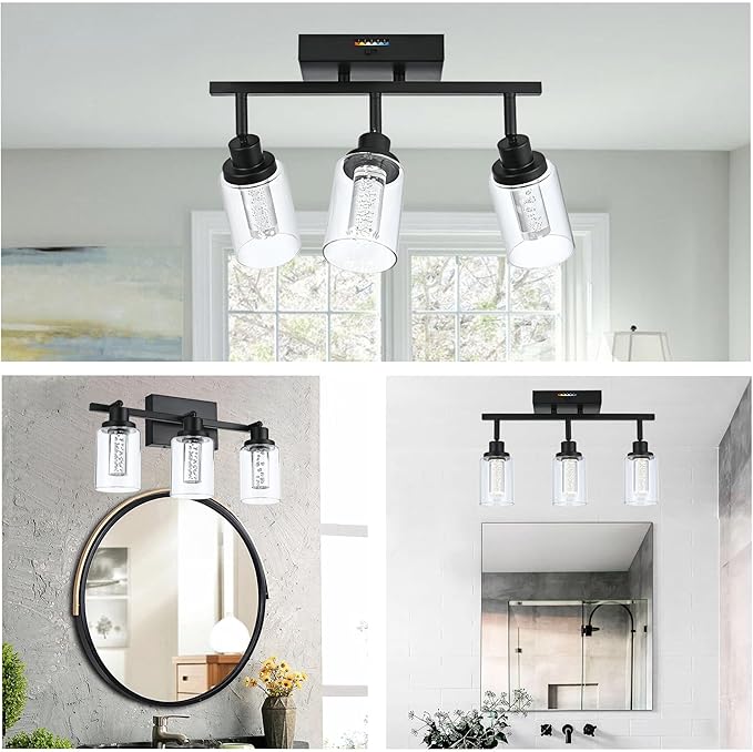 MELUCEE 3 Lights LED Track Lighting Kit Ceiling Bathroom Vanity Light Fixtures Wall Mounted Lamp Black Finished with Flexibly Rotatable Light Heads, Built-in LED Chips, 5-Color Temperature Adjustable - Aura Lighting