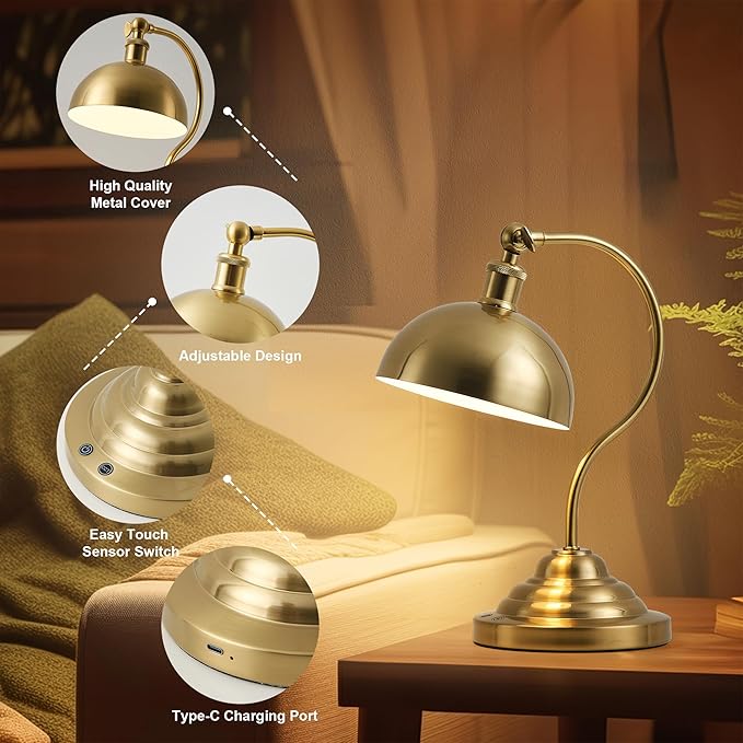 Cordless LED Table Lamp, 180° Swing Arm Desk Lamp, Rechargeable, Dimmable/3 Color/Memory Function, Vintage Rechargeable Table Light for Living Room,Bedroom,Bedside, Brass - Aura Lighting