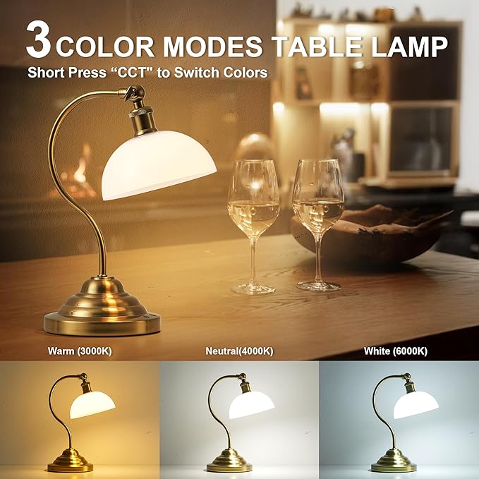Cordless LED Table Lamp Set of Two, Swing Arm Desk Lamp, Battery Operated,Dimmable/3 Color,Modern Rechargeable Table Light for Living Room,Bedroom,Bedside, White Glass Shade, Brass - Aura Lighting