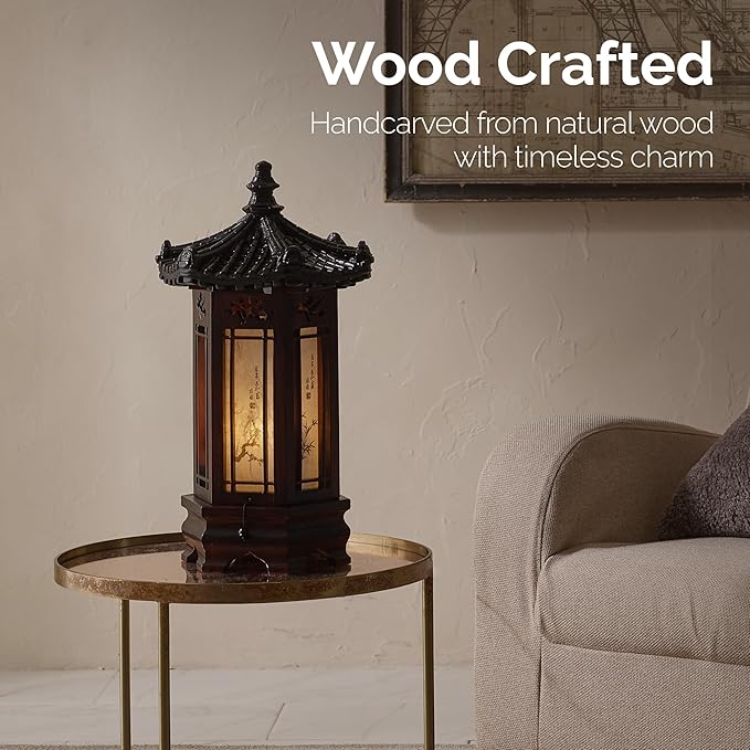 Antique Alive Traditional Korean Wood Lamp | Handmade Asian Oriental Table Lantern | Bedside Bedroom Accent Light | Unique Gift Idea | Hexagonal Design (Brown) (Pavilion L)