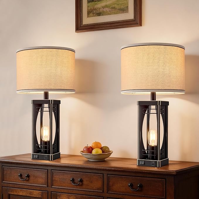 SRJJA Farmhouse Table Lamps Set of 2 for Living Room, Rustic Industrial Bedside Lamps with USB A+C Charging Ports, 22.5" Dual Light Nightstand Lamp with Linen Shade for Bedroom End Tables