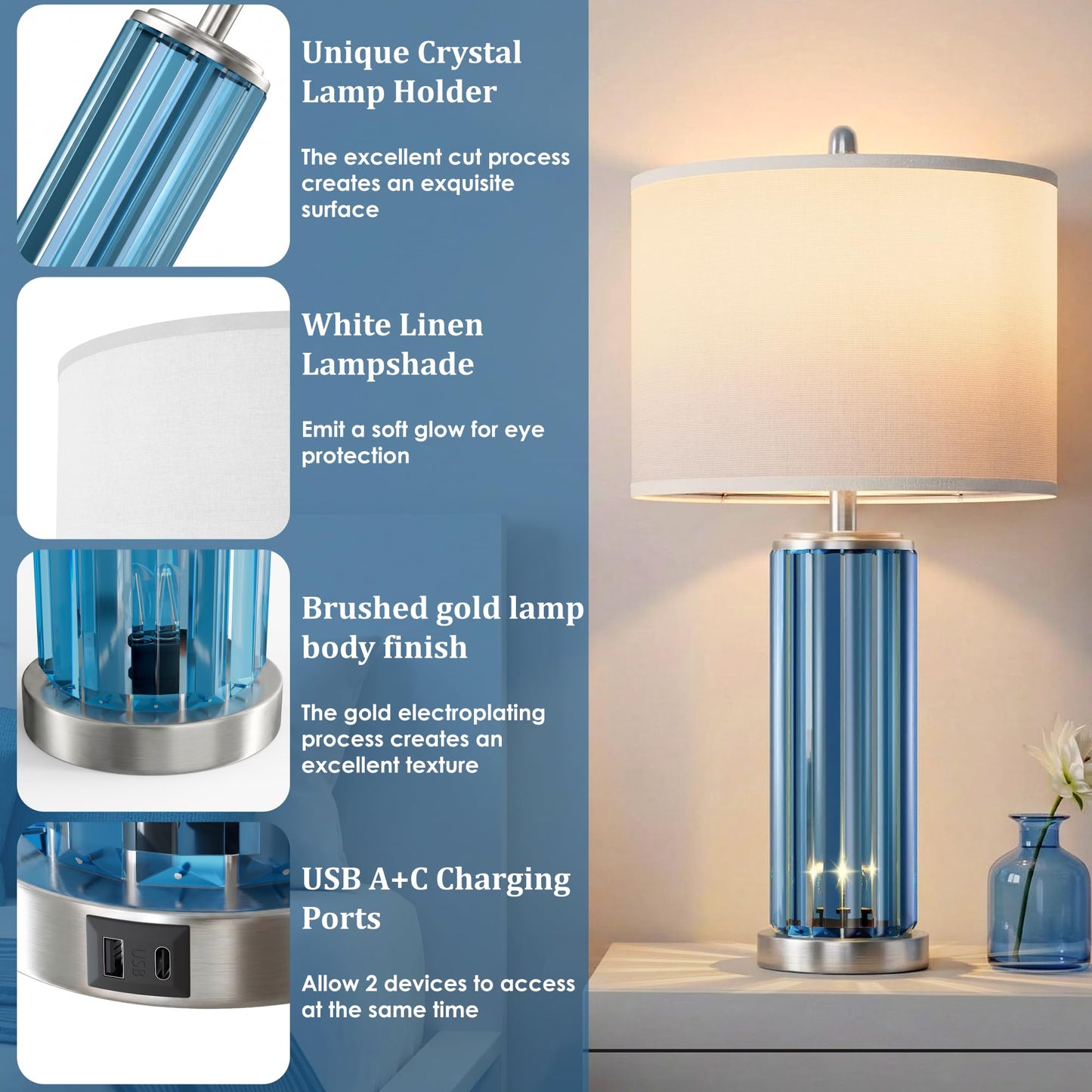 Blue Table Lamps for Bedroom Set of 2 with Nightlight (2 Count)