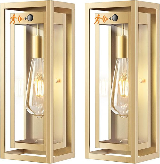 15" Motion Sensor Gold Outdoor Light Fixture Wall Mount, 3 Lighting Modes Waterproof Anti-Rust Wall Sconces, 2 Pack Exterior Lighting Fixtures for Front Door, Porch, Garage