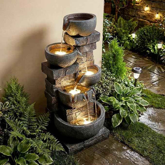 Giantex 33'' Water Fountain Outdoor, 5-Tier Cascading Stacked Stone Bowl Waterfall Fountain with LED Lights & Pump, Outside Water Feature for Patio, Balcony, Deck, Garden, Yard Decor