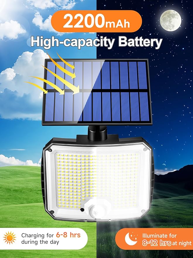 PIKOY Solar Motion Lights Outdoor Waterproof, [Upgraded 318LED/33FT/5 Modes] Solar Security Lights,Remote+IP65 Solares Lamparas Solares para Exteriores Grandes Sin Sensor De Movimiento 2 Pack