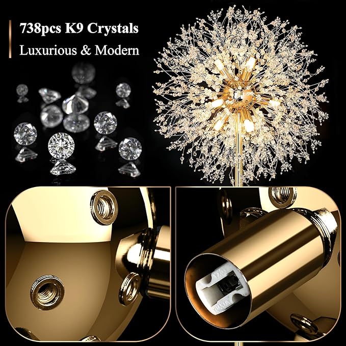 BesLowe 69'' Crystal Floor Lamp for Living Room, Modern Standing Lamp with 738PCS K9 Crystals, Tall Lamp Pole Light for Bedroom Office, Mid Century Gold Floor Lighting with 9 LED Bulbs, Antique Brass