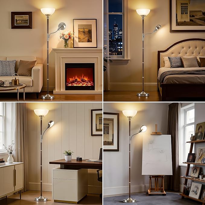 EJIAXIN Wood Floor Lamp for Living Room - Walnut Torchiere Floor Lamps for Bedroom Standing Lamp with Glass Shade - Mid Century Modern Corner Tall Lamps for Home Office Nursery Reading Light,2 Head
