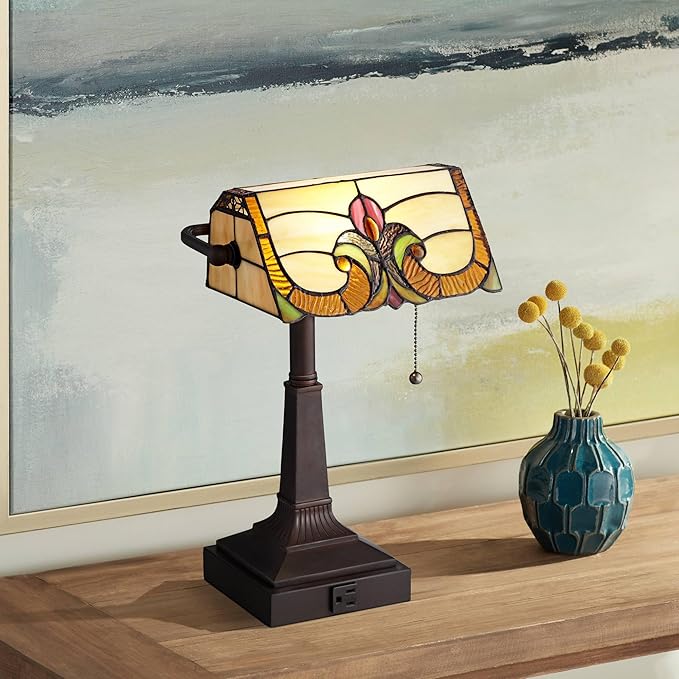 Robert Louis Tiffany Fleura Traditional Tiffany Style Piano Banker Desk Table Lamp 17" High with AC Power Outlet Bronze Floral Art Glass Shade Decor for Bedroom House Bedside Nightstand Home Office