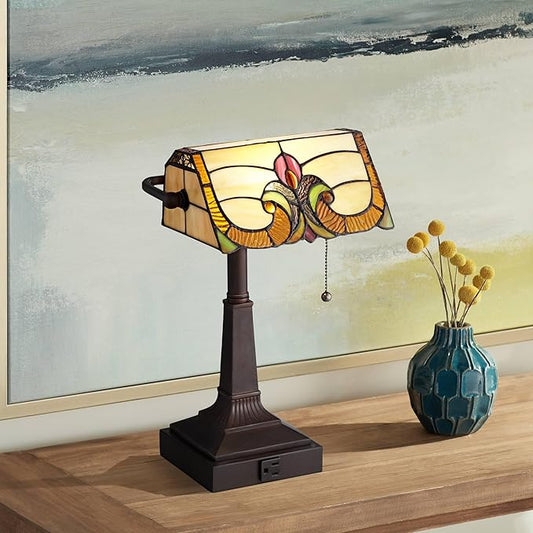 Robert Louis Tiffany Fleura Traditional Tiffany Style Piano Banker Desk Table Lamp 17" High with AC Power Outlet Bronze Floral Art Glass Shade Decor for Bedroom House Bedside Nightstand Home Office