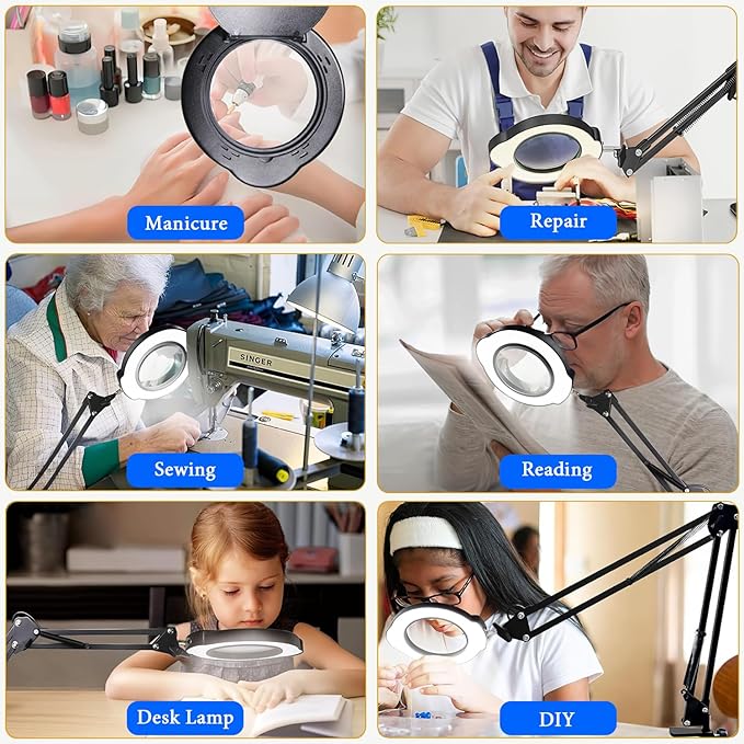 15X Magnifying Glass Desk Lamp with Clamp and Base, Real Glass Lens, 84 LEDs, 5 Color Modes Dimmable, Led Lamp Magnifier with Dust Cover, Clean Cloth, Ideal Gift for Seniors, Crafters, Hobbyists - Aura Lighting