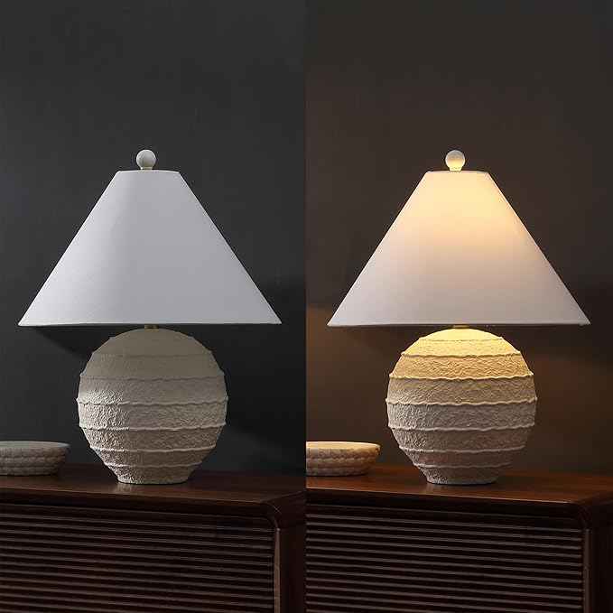 JONATHAN Y 21" Antique White Coastal Cottage Textured Resin Table Lamp Set of 2, Farmhouse Ridged Nightstand Lamps for Living Room Bedroom, White Linen Shade, LED Bulbs JYL9205A-SET2