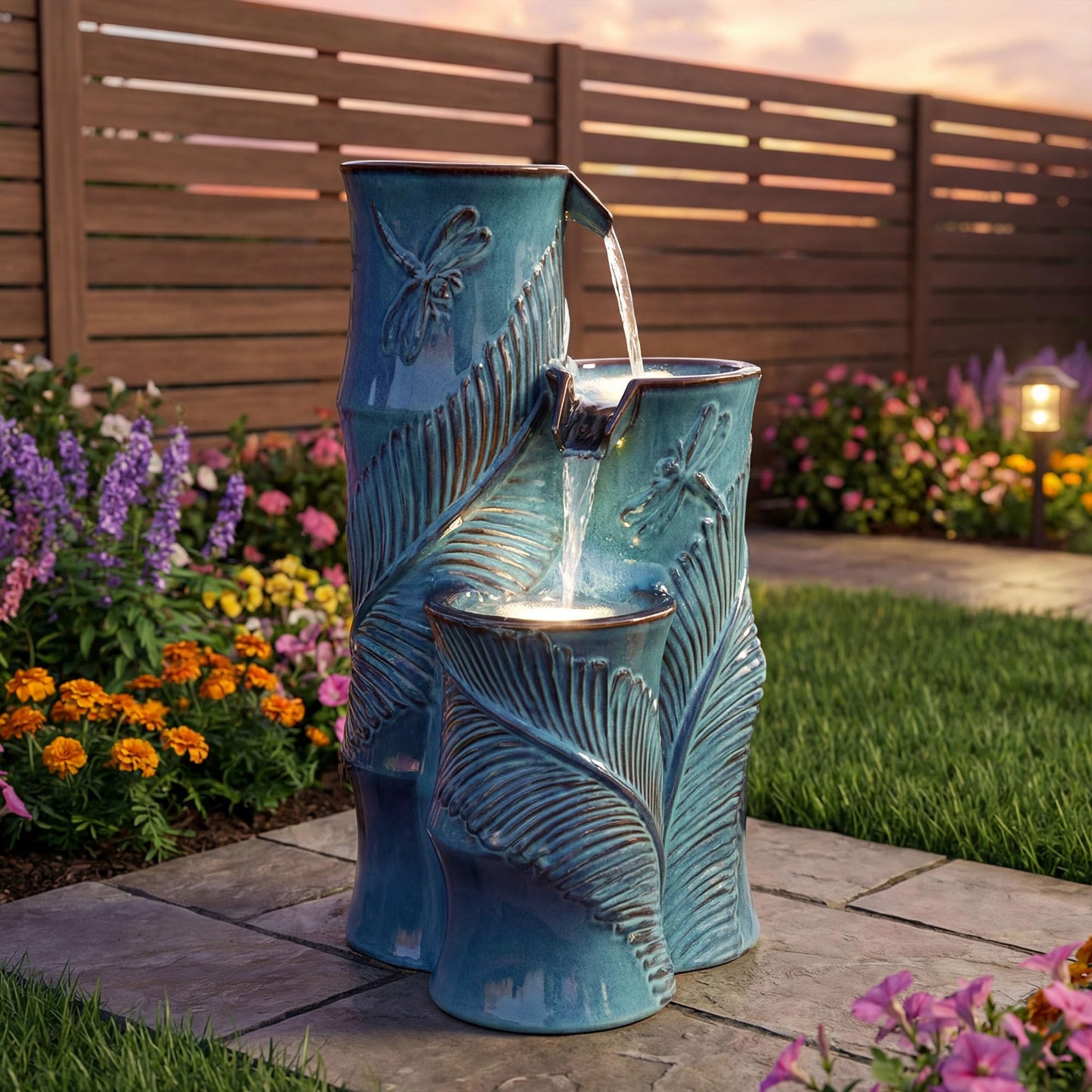 Autodaya Tropical Turquoise Ceramic Outdoor Water Fountain with Lights