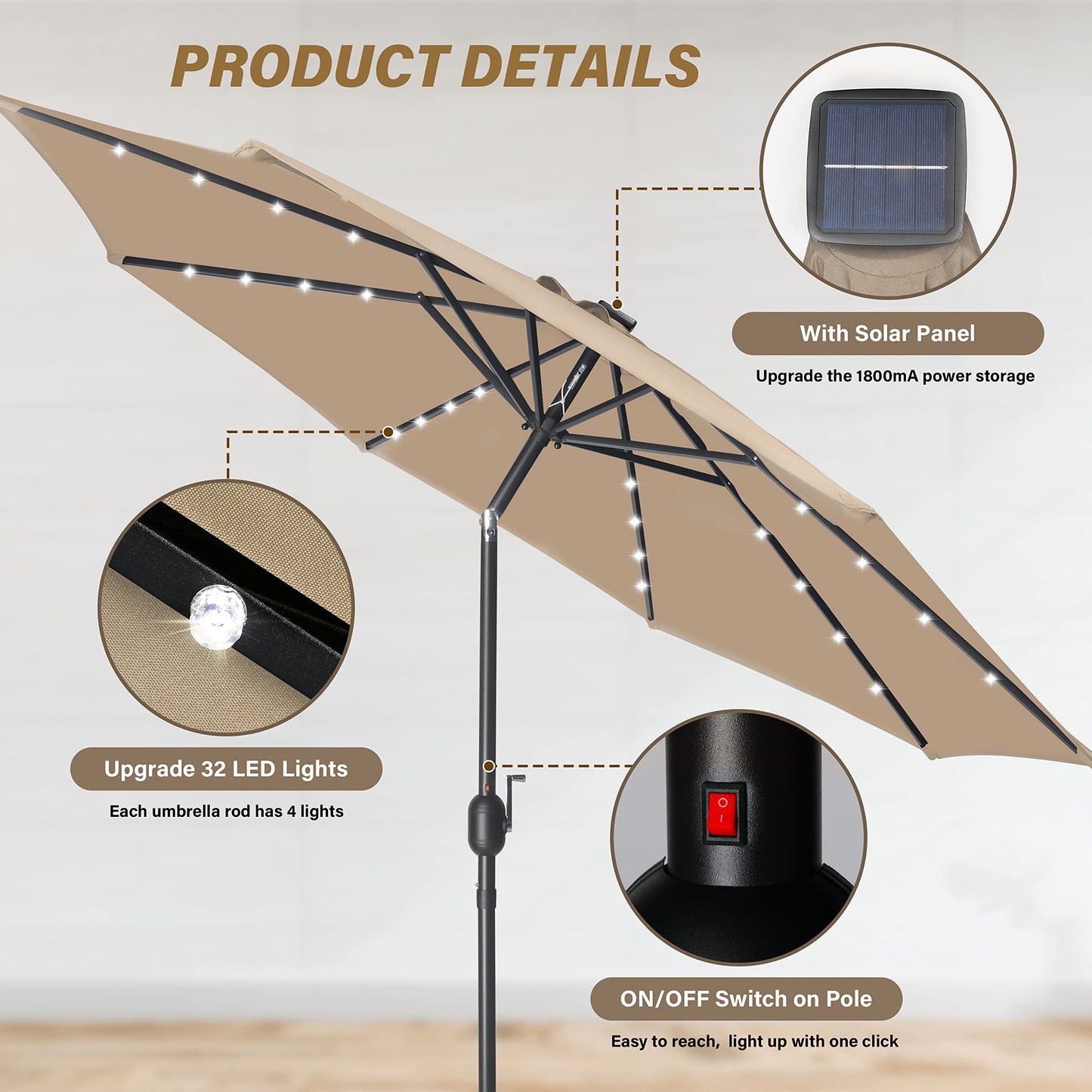 9' Solar Umbrella 32 LED Lighted Patio Umbrella Table Market Umbrella with Push Button Tilt