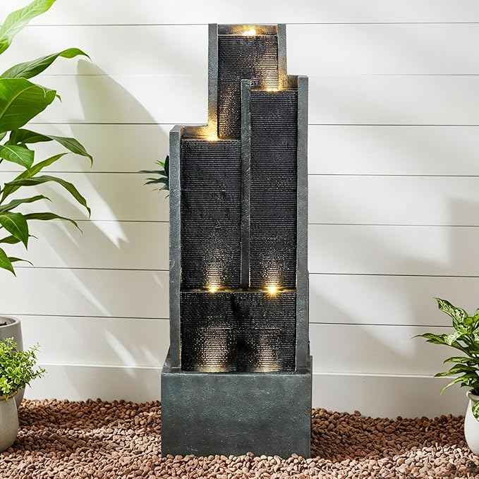 Naturefalls 50.7-Inch Tall Outdoor Water Fountain with LED Lights and Pump, Modern Resin Floor Standing Cascading Waterfall Fountain for Garden Patio Backyard