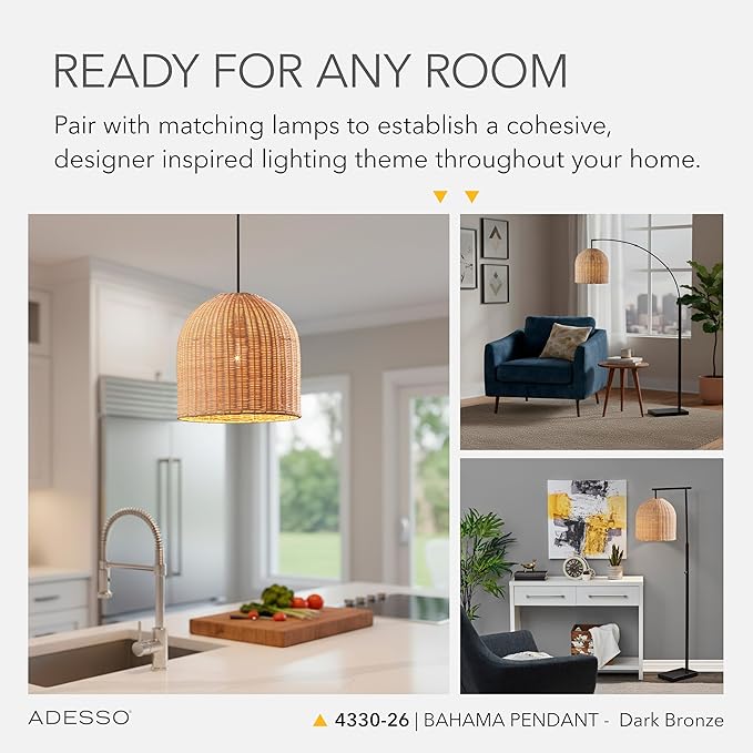 Adesso Dark Bronze Ceiling Pendant with Natural Rattan Shade – Adjustable Hanging Length, Ambient Accent Lighting for Kitchen, Living Room or Home Office