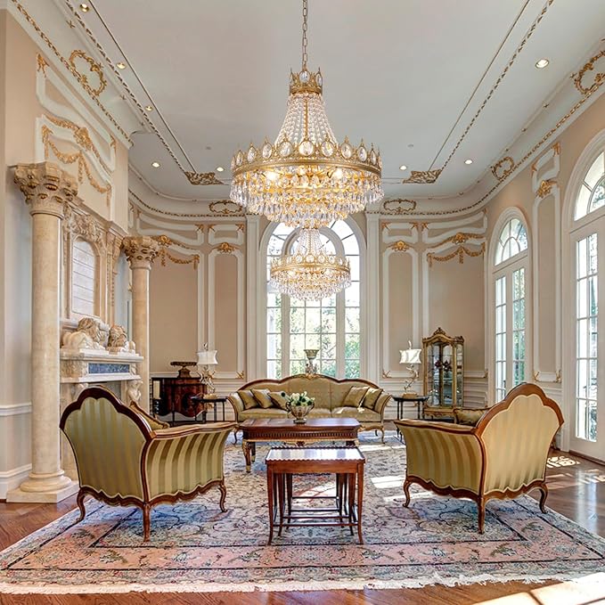 TOCHIC Gold Chandelier French Empire Crystal Chandeliers, 9-Light Modern Luxury Ceiling Light Fixture for Dining Living Room, Bedroom, Kitchen Island, Bathroom, Foyer, 24" W x 24.5" H