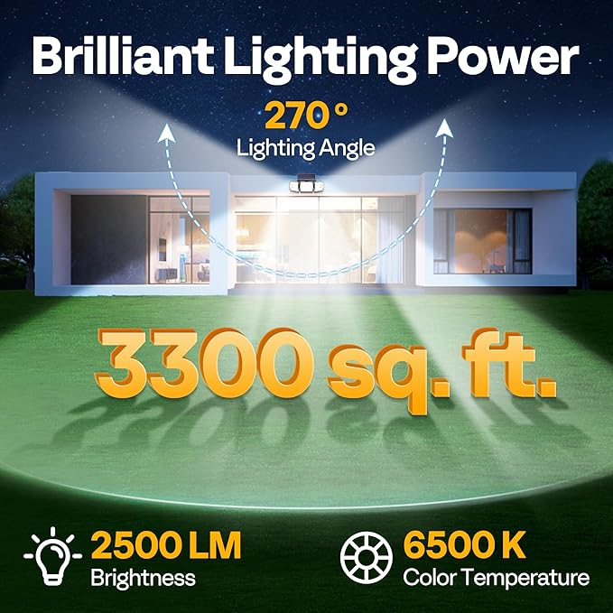 VIVOHOME Linkable Solar Flood Lights Outdoor, 2 Adjustable Motion Sensors Security Lights with 3 Heads, 2500LM, IP65 Waterproof, Solar Powered for Outside, Yard, Porch, Patio