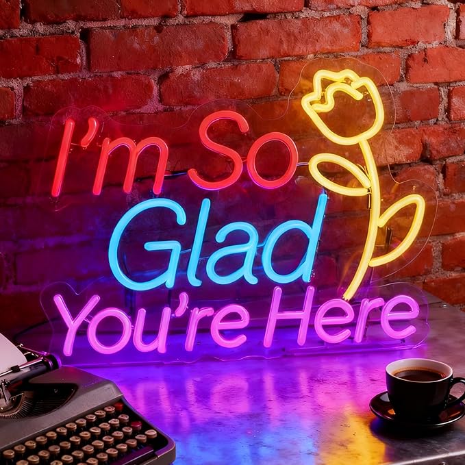 "I'm So Glad You're Here" Neon Sign - Classroom Welcome Decor with Rose, 15.7"x12.2" Multicolor LED Sign, USB Powered & Dimmable, Hanging Chain Included