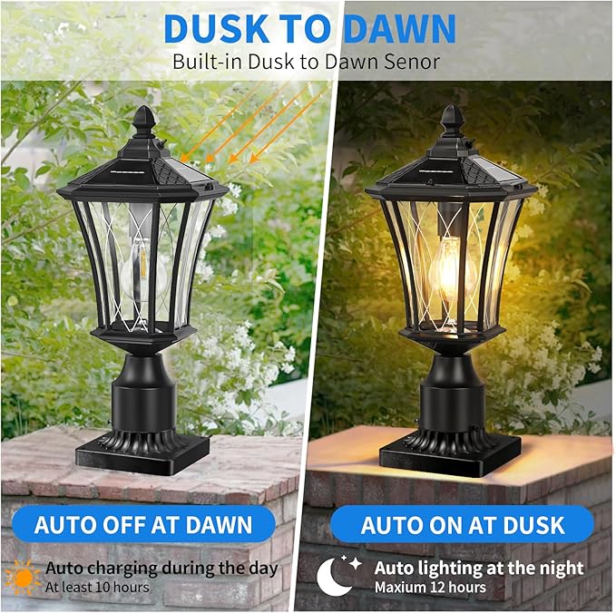 YSN 16" Solar Post Lights Outdoor, Dusk to Dawn Outdoor Post Lights with Pier Mount Base, Black Solar Lamp Posts Light Fixture, Waterproof Light Posts for Outside Yard Garden Patio, 1 Pack