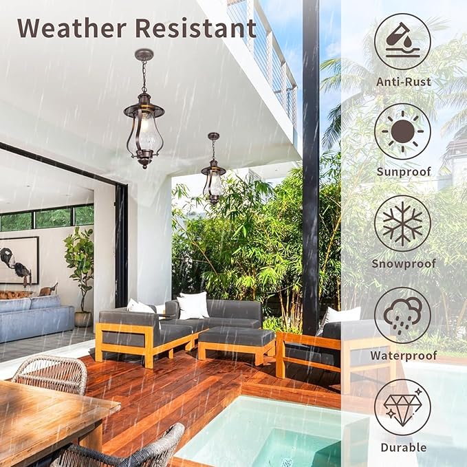 Treekee Outdoor Pendant Light, Vintage Hanging Lantern with Wood Grain Glass, Farmhouse Adjustable Brown Exterior Chandelier Fixture with E26 Socket for Porch, Patio, Entryway, Gazebo - Aura Lighting